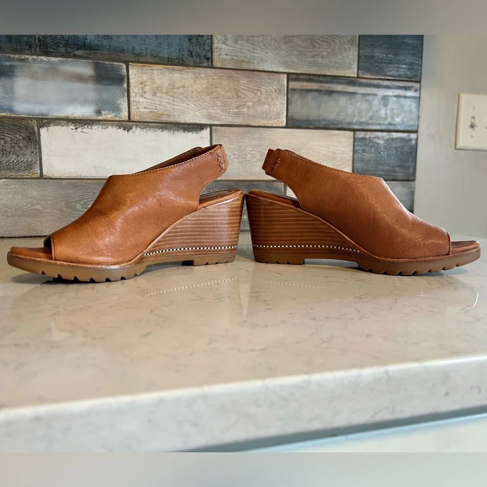 Sorel Nadia Camel Brown Leather Slingbacks Wedge Heeled Sandals - Picture 5 of 14